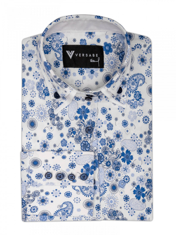 Dámska košeľa Slim Fit VS-DK1902 biela vzorovaná dámska košela, dámske oblečenie, elegantná košeľa, spoločenské oblečenie, oblečenie do práce, košeľa pre ženu, karovaná košeľa, karo, biela košeľa, biela kosela, darček, Vianoce, narodeniny, pracovná košeľa, pracovna kosela, elegantná košeľa, elegantna kosela, modrá košeľa, modra kosela