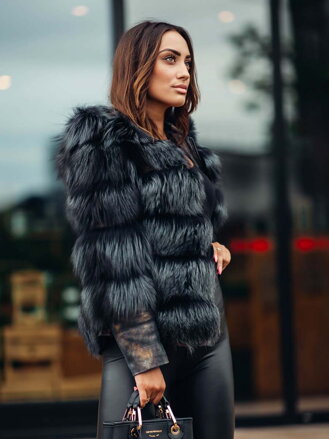 Luxusná krátka jahňacia kožená bunda s bohatou kožušinou z pravej líšky čierna so zlatou