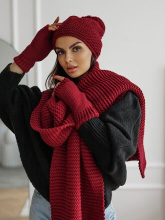 Pletený set čiapka+ šál+ rukavice KPL21-21 burgundy
