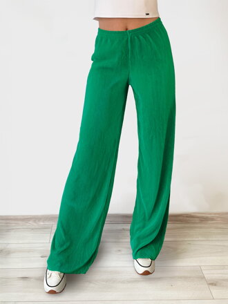 Široké dámske nohavice zelené  vrúbkované nohavice 
