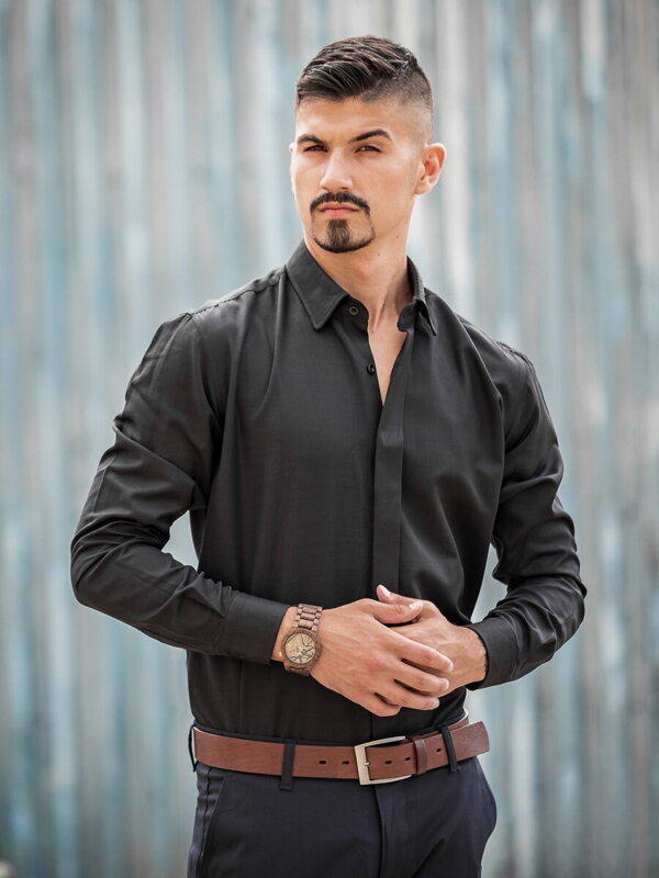 Luxusná pánska čierna bavlnená košeľa VSB1708 